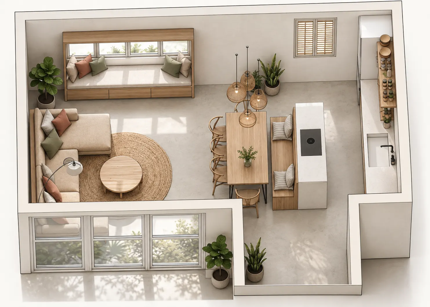 Floor plan of an apartment block with the landscaping drawn around it