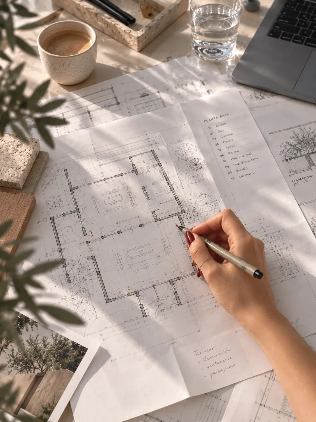 Hand drawing an architectural floor plan on a studio desk