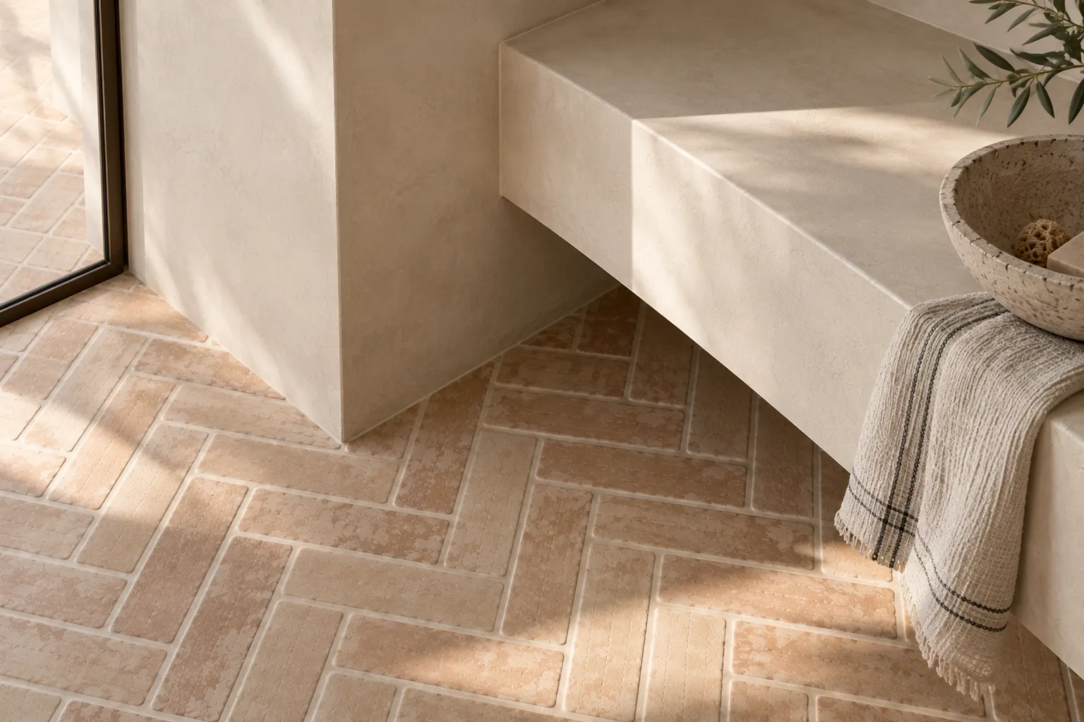 Close detail of a floating plaster bench meeting a herringbone brick floor