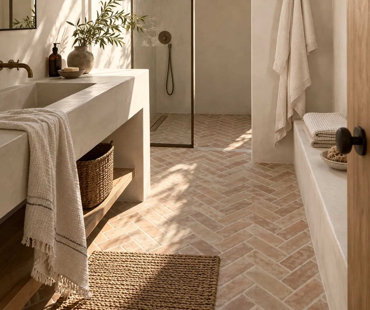 Bathroom with a poured plaster vanity above a herringbone brick floor