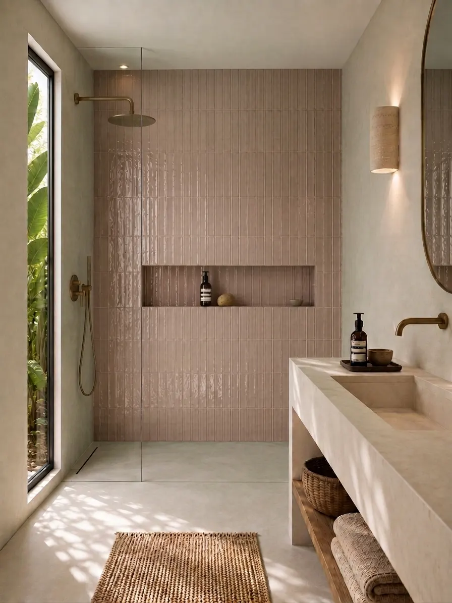 Shower room in warm plaster with a solid stone basin and woven rug