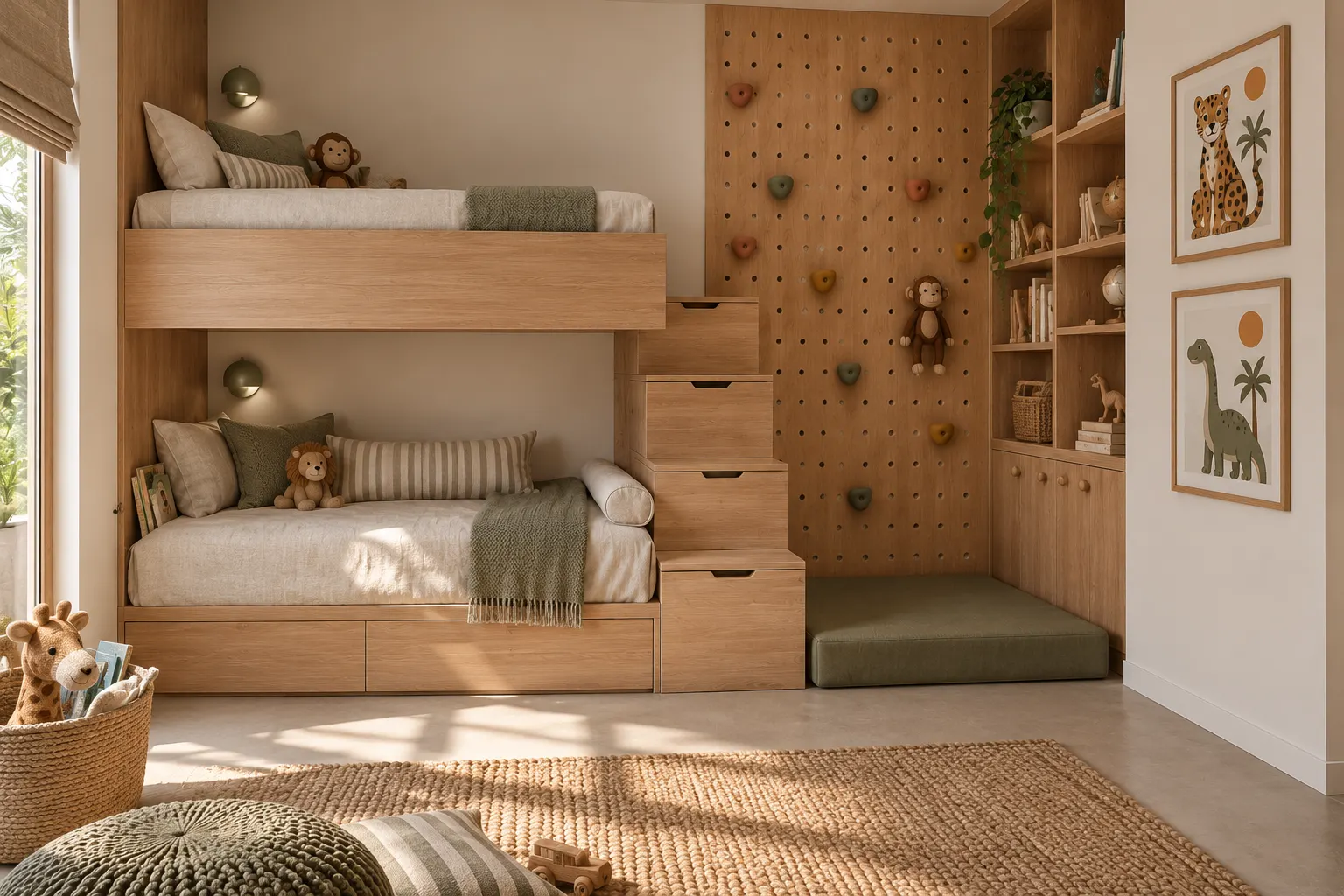 Children's room with built-in bunk beds, drawer steps and a pegboard wall