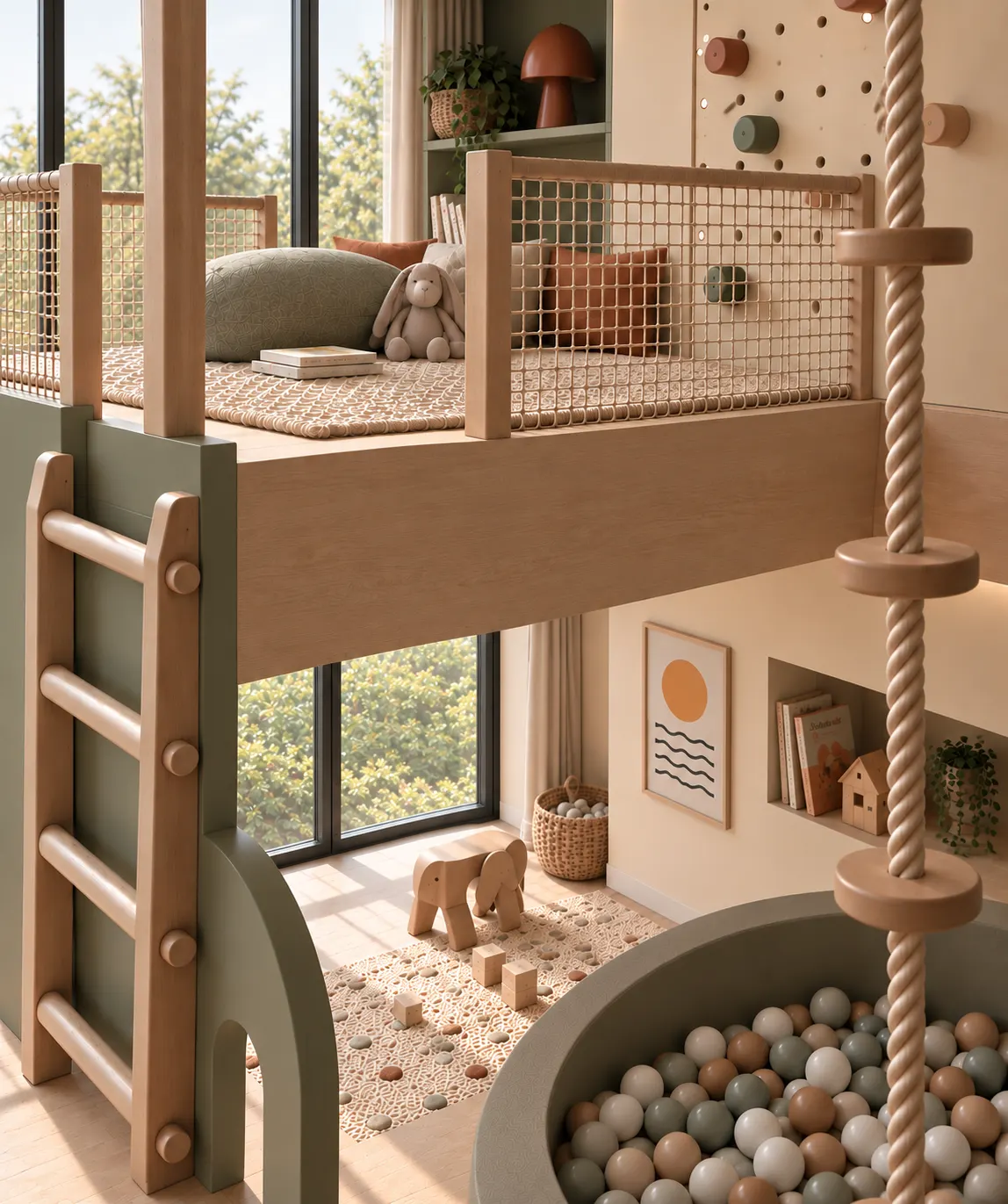Children's room with a climbing wall, rope ladder and sunken ball pit