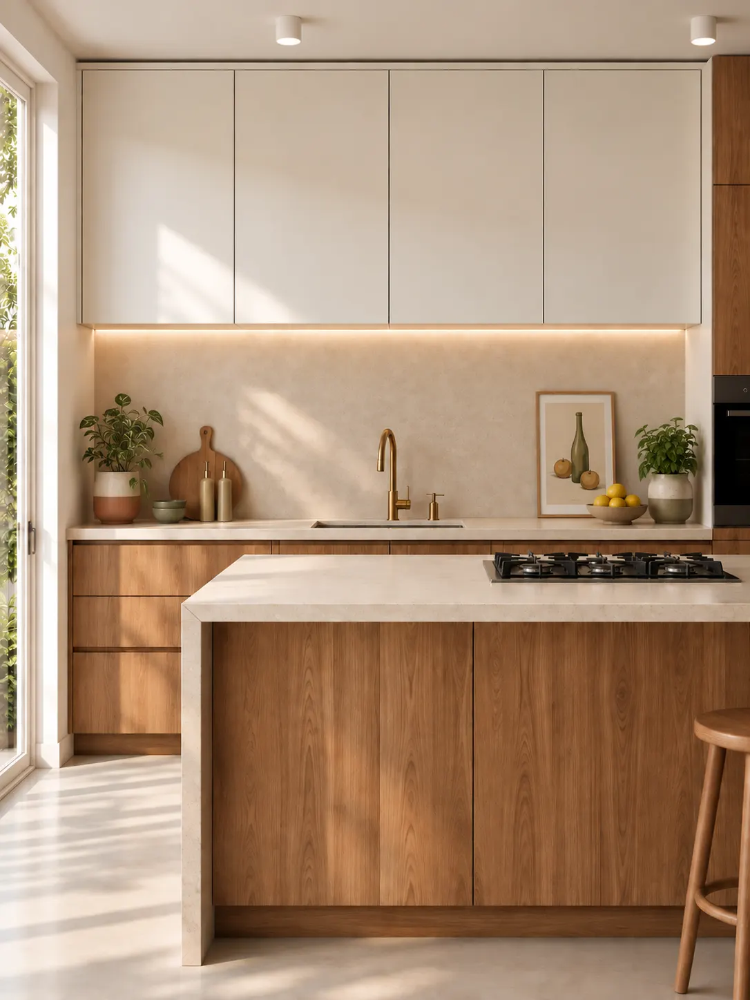 Compact kitchen with an oak island, brass tap and concealed lighting