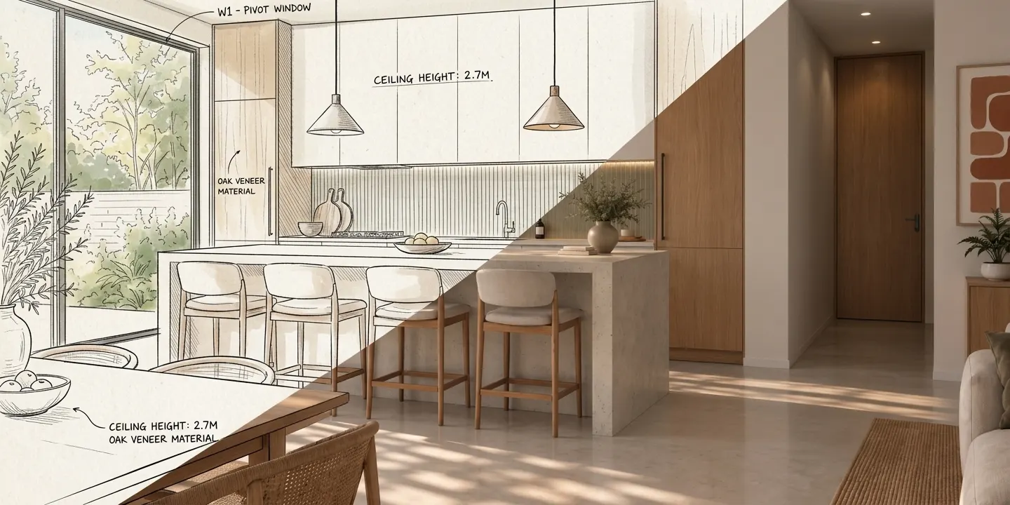 One image split diagonally: an annotated kitchen plan marking ceiling height and oak veneer on one side, the finished oak and stone kitchen on the other