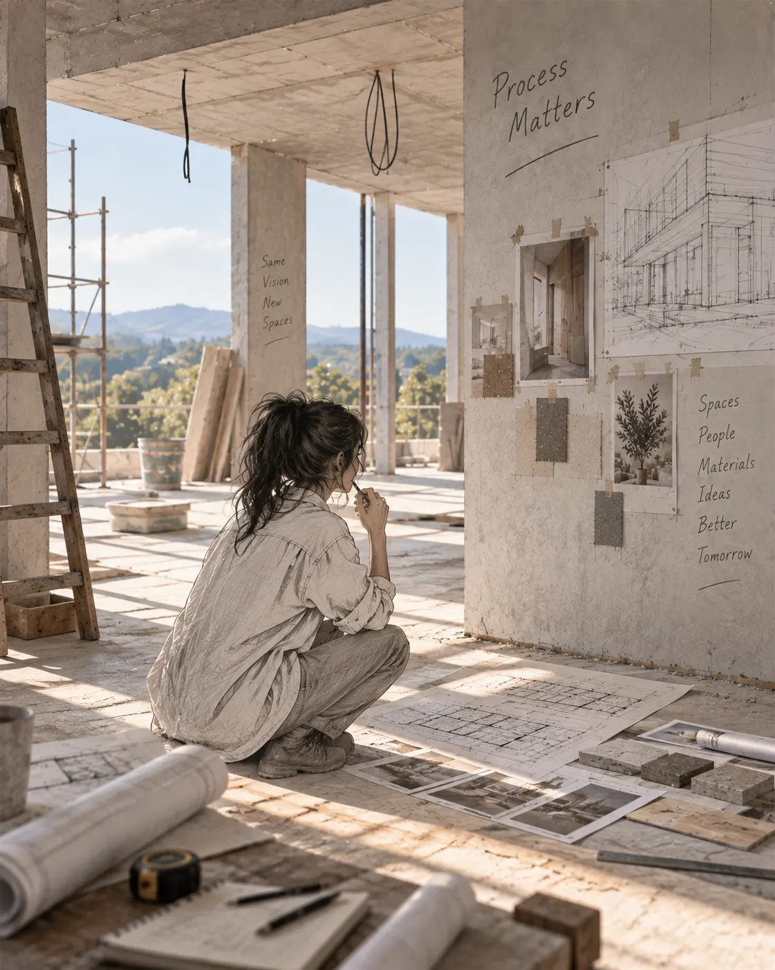 Interior designer reviewing drawings pinned up on a bare concrete wall on site