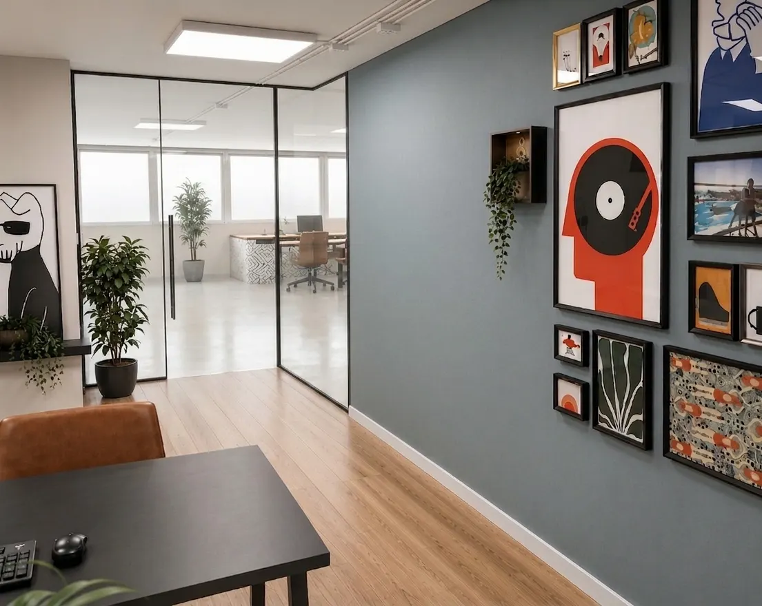 Office corridor with a dense gallery wall and glazed meeting rooms
