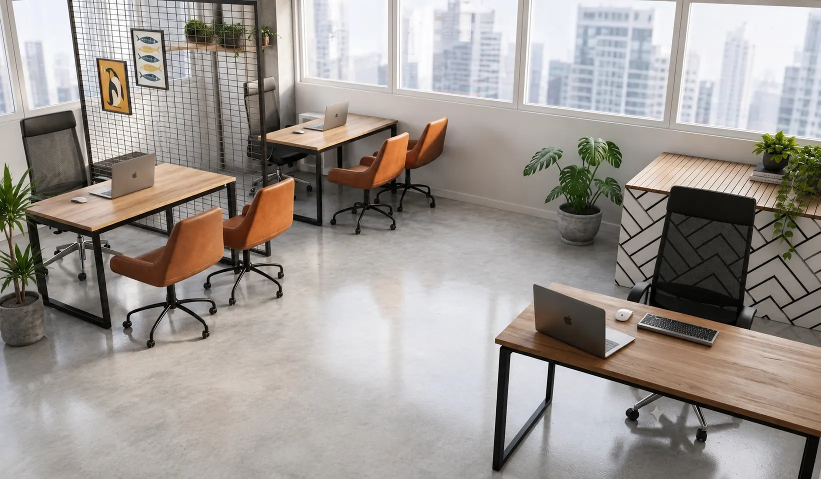 Open-plan office with paired desks, leather chairs and a city view
