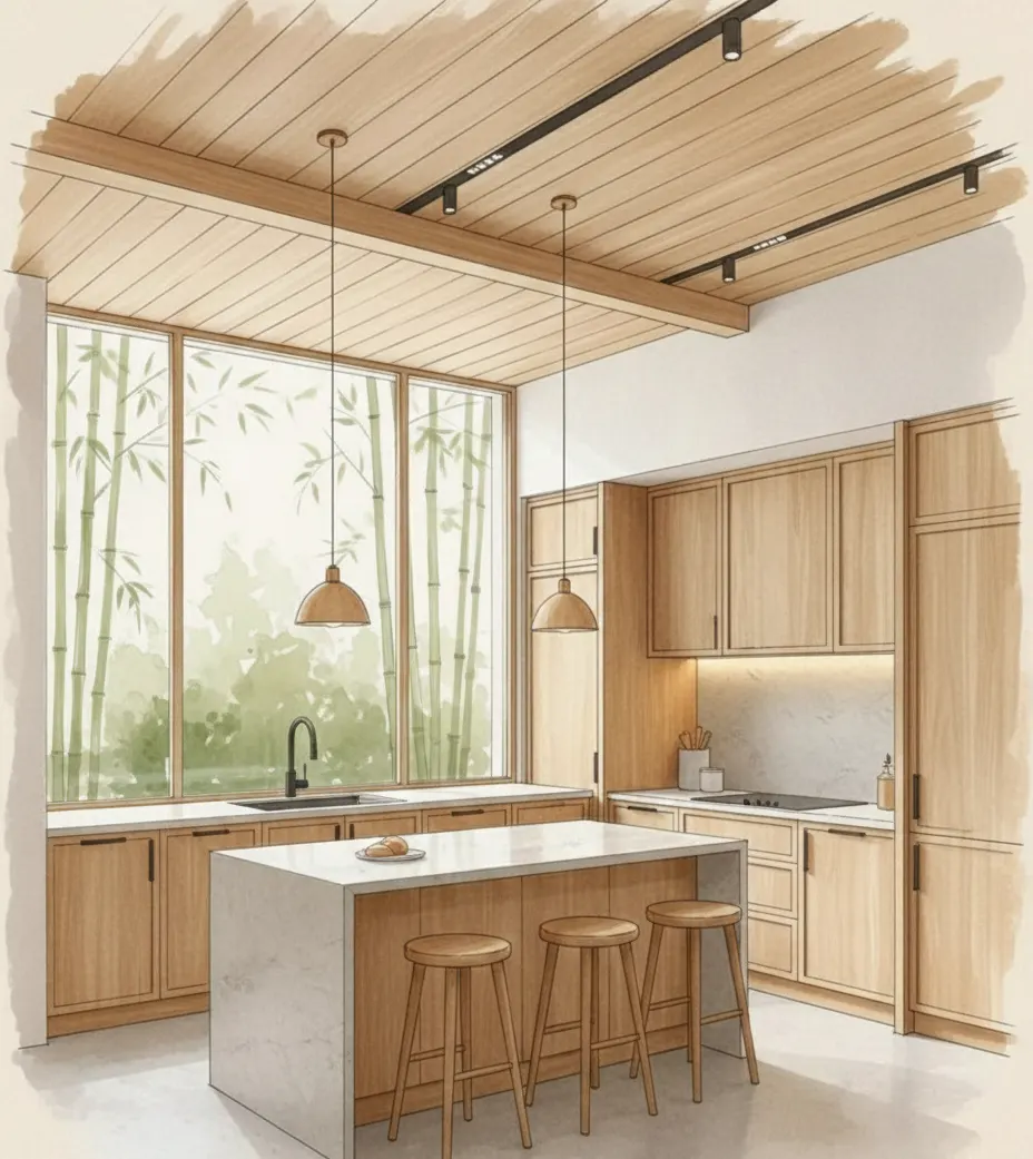 Timber kitchen with a stone island under a slatted ceiling and clerestory light