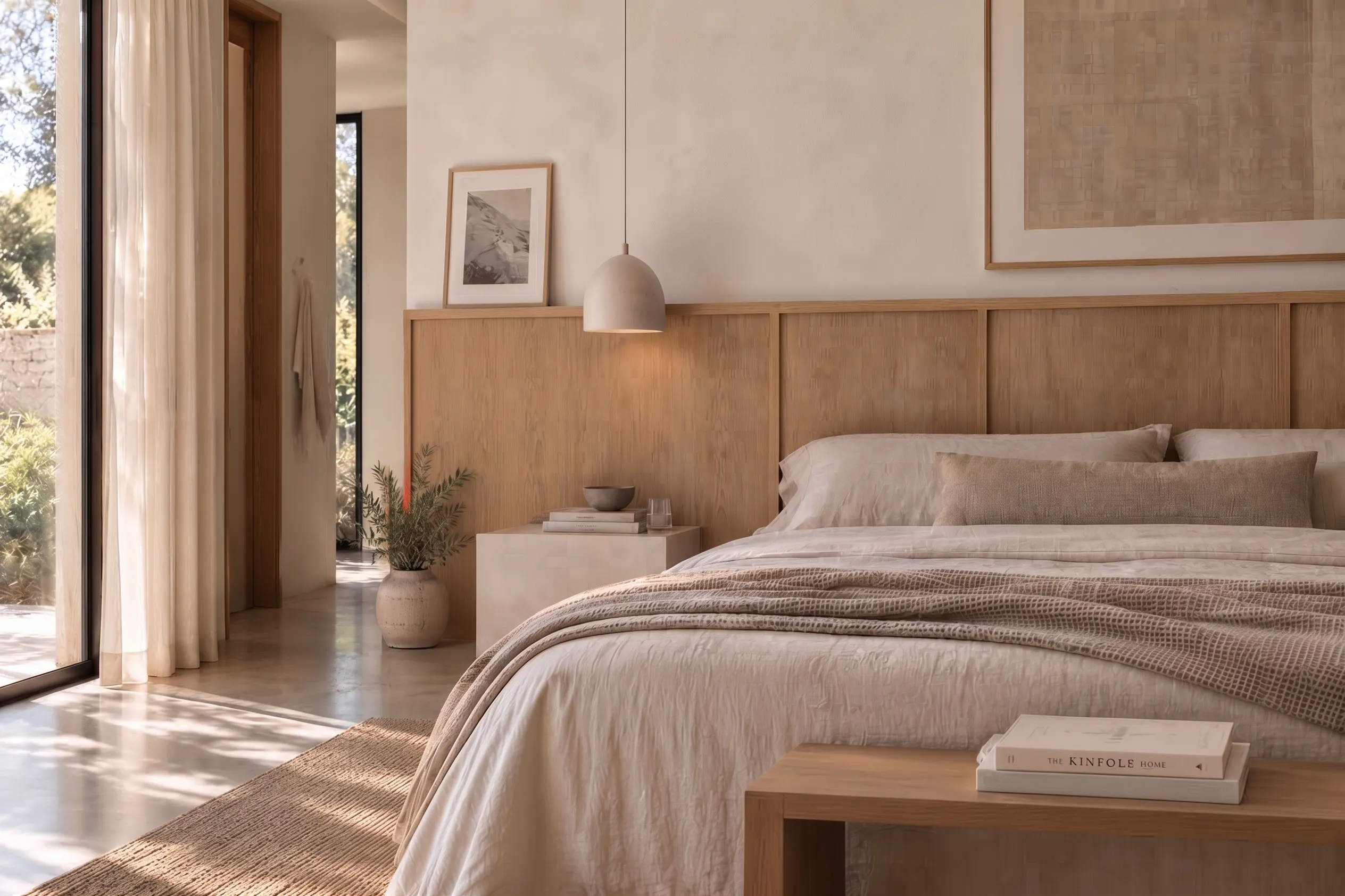 Dormitorio principal con pared-cabecero de roble y ropa de cama de lino