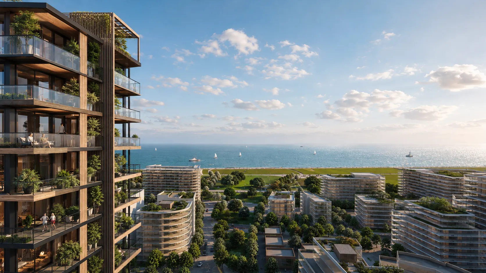 Visualización de una torre residencial con balcones vegetados sobre un barrio verde